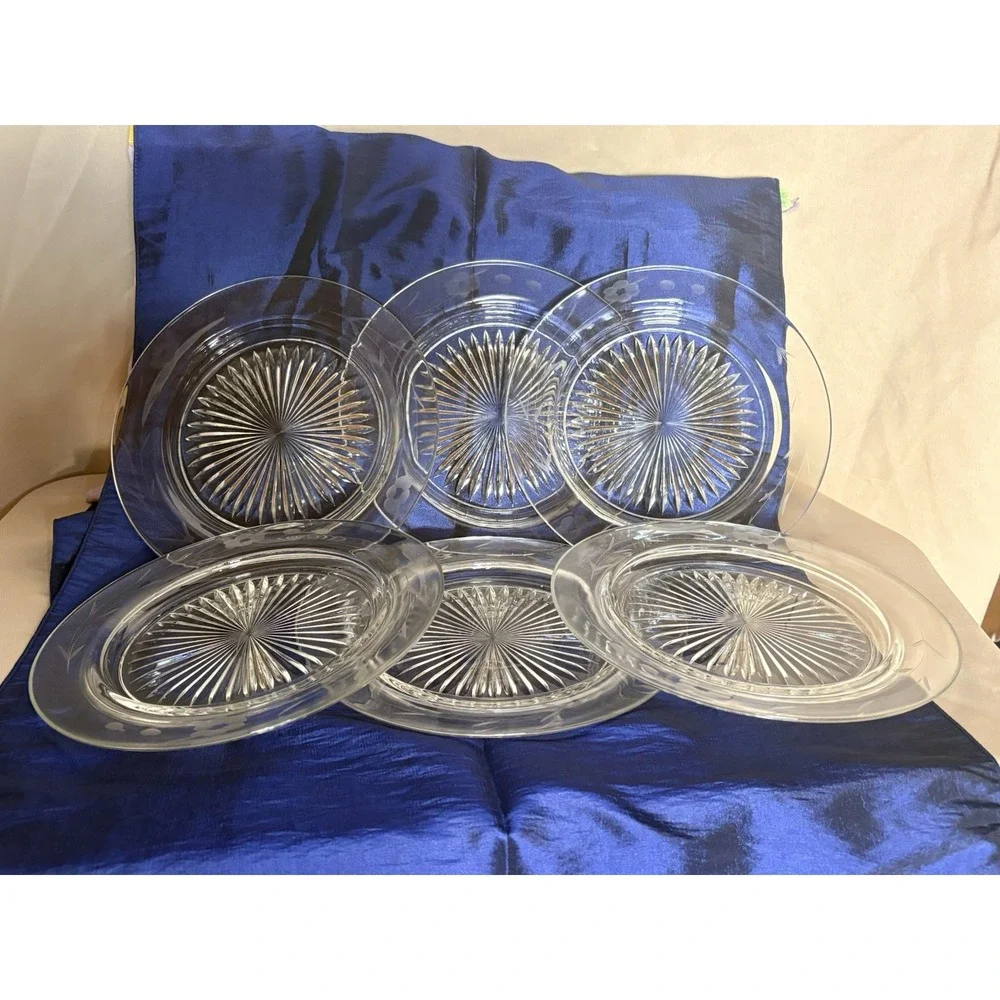 Vtg Elegant Clear Glass Plates Set 6 Etched Floral Rim Rays Starburst Center